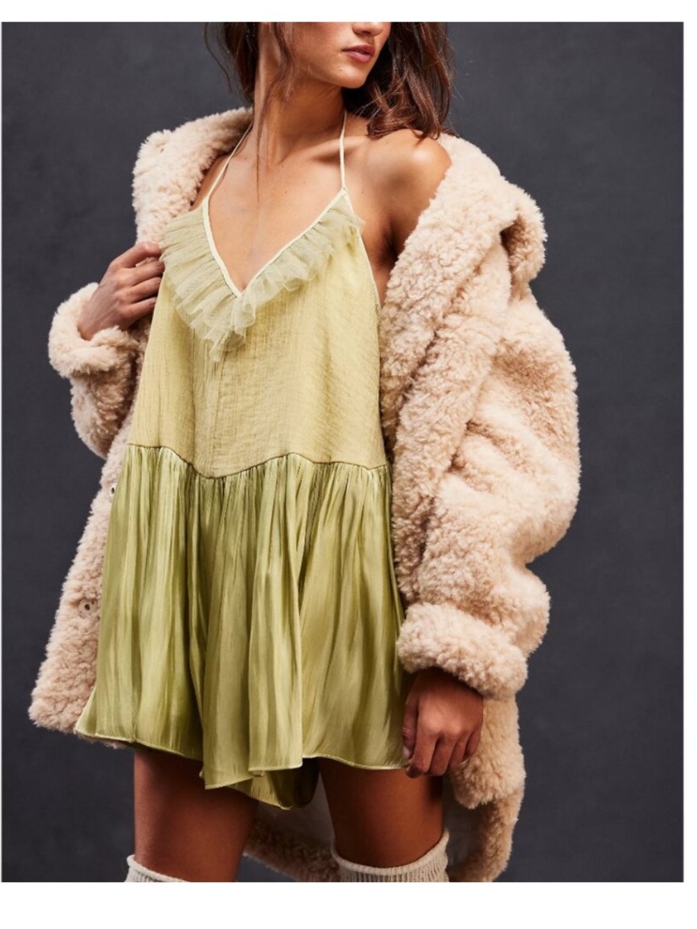 Free People Light Sage Ruffle-Trim Satin Romper